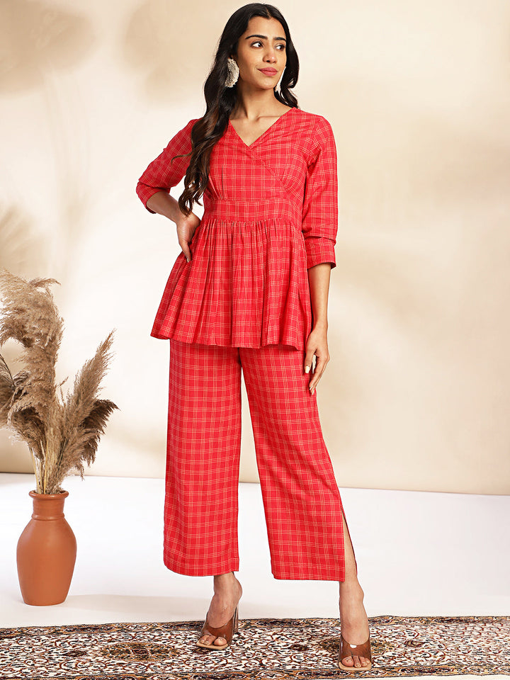 Red Cotton Checked Peplum Co-ord Set  - By Janasya