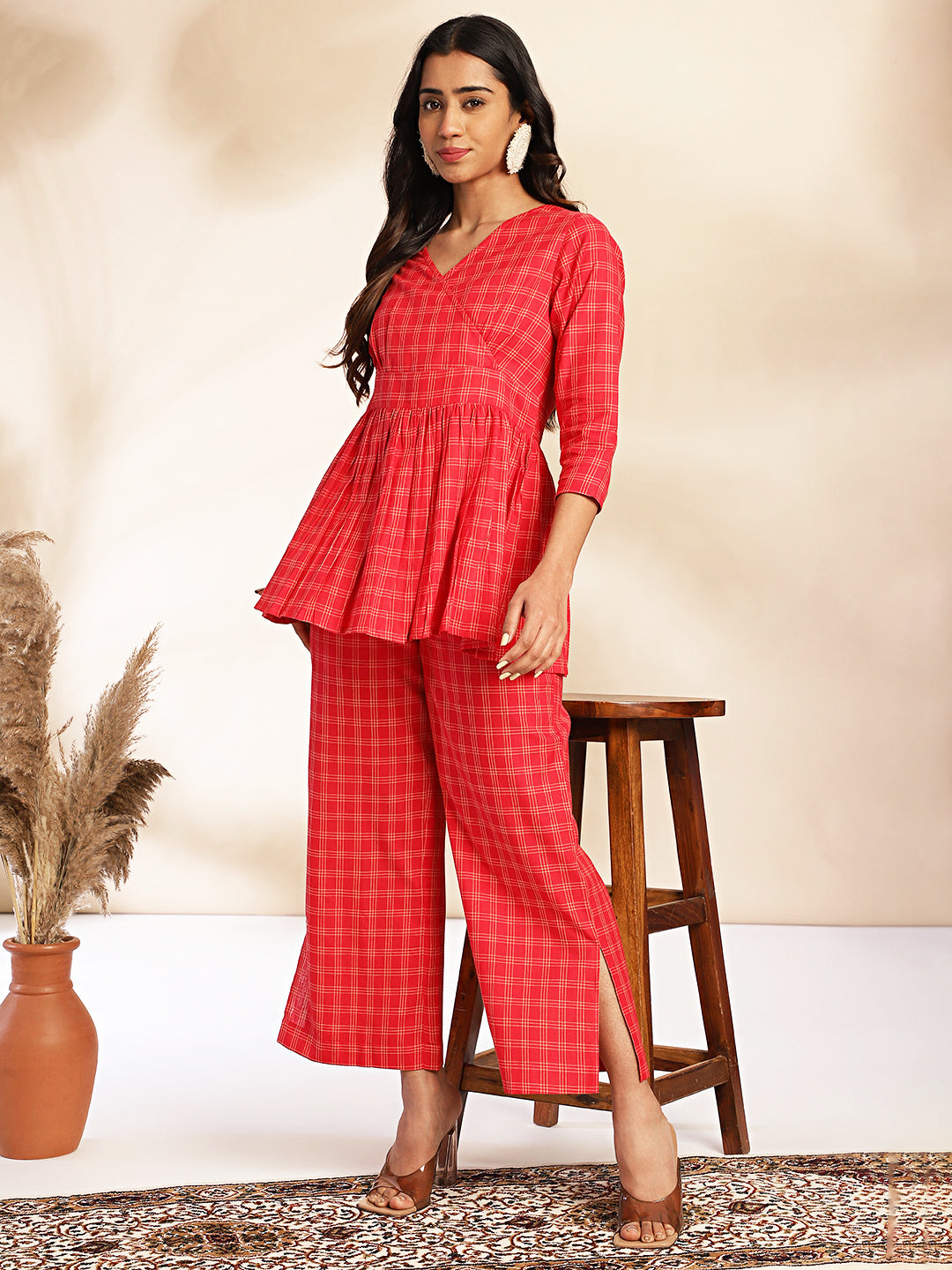 Red Cotton Checked Peplum Co-ord Set  - By Janasya