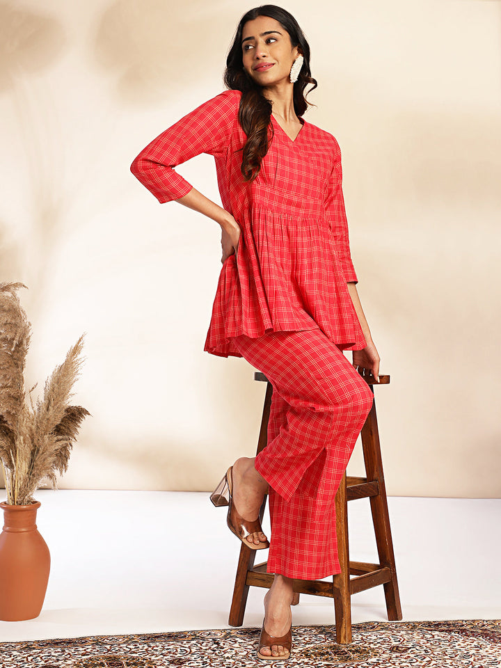 Red Cotton Checked Peplum Co-ord Set  - By Janasya