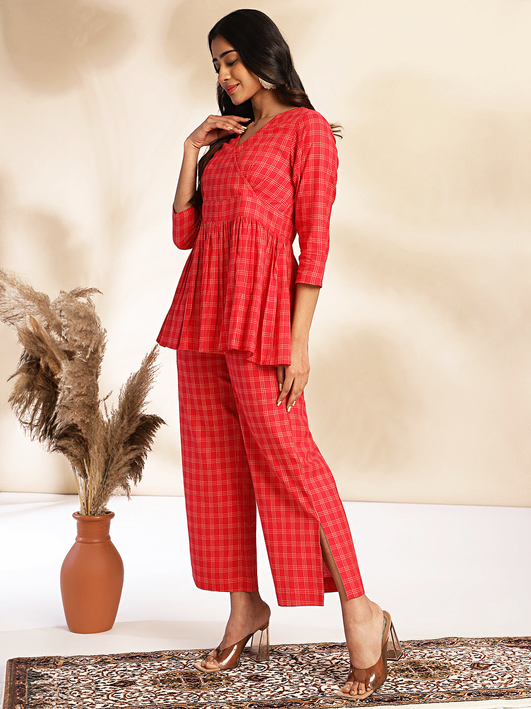 Red Cotton Checked Peplum Co-ord Set  - By Janasya