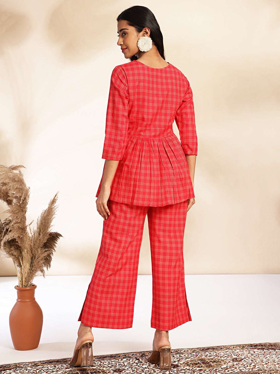 Red Cotton Checked Peplum Co-ord Set  - By Janasya