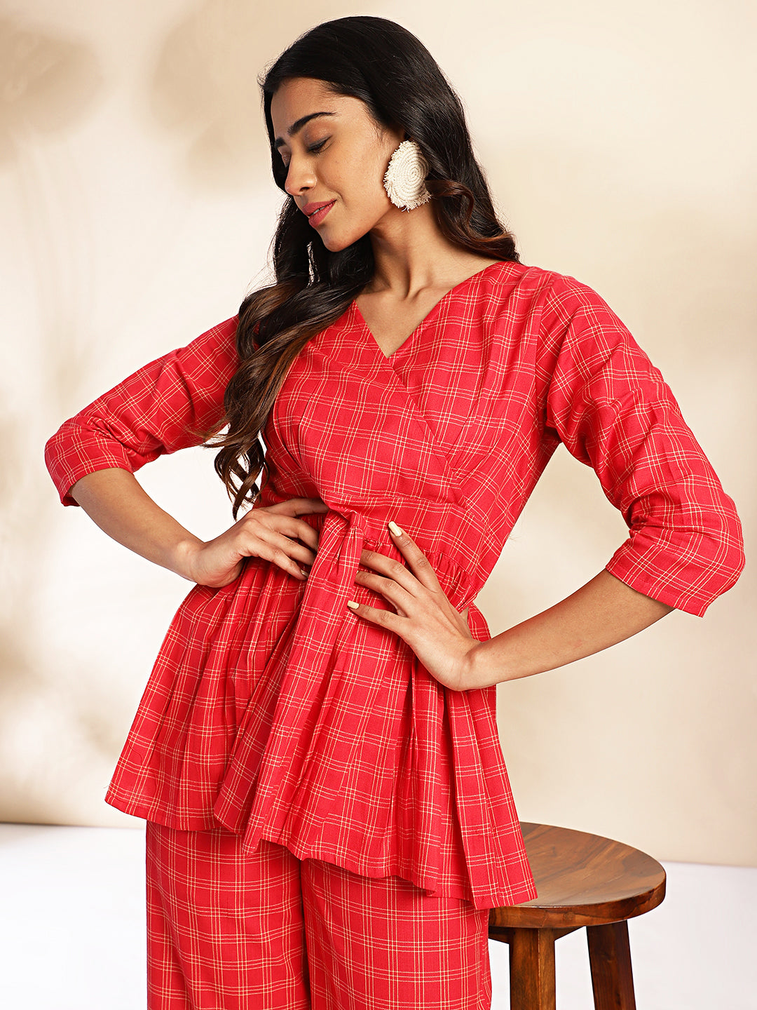 Red Cotton Checked Peplum Co-ord Set  - By Janasya