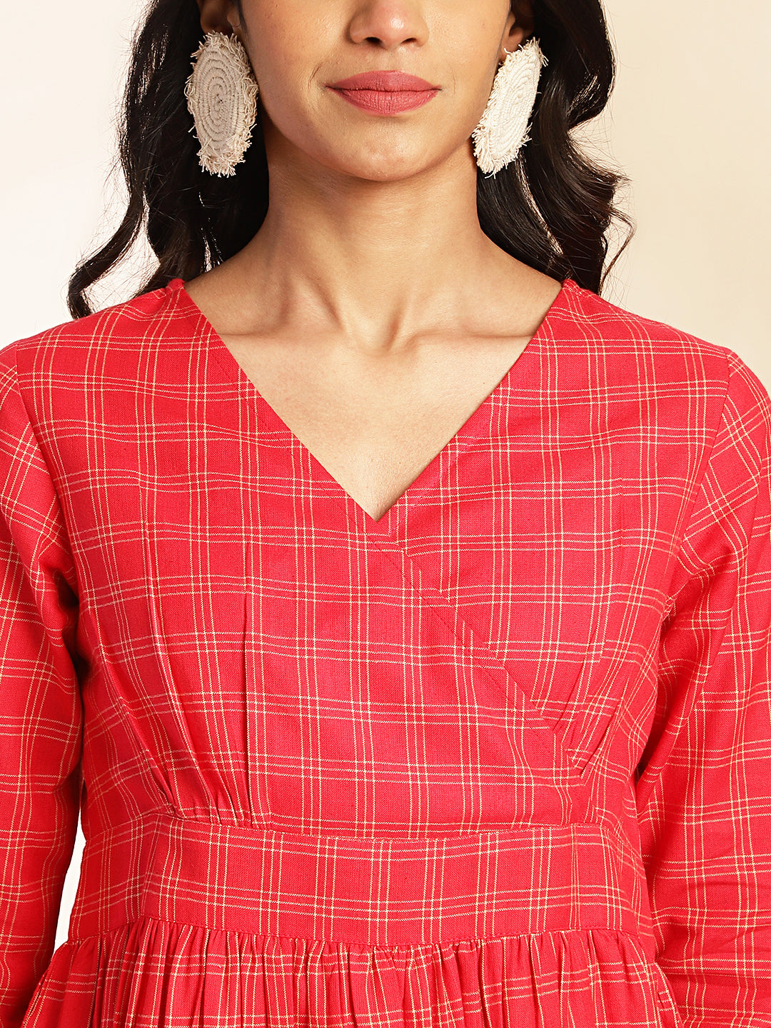 Red Cotton Checked Peplum Co-ord Set  - By Janasya