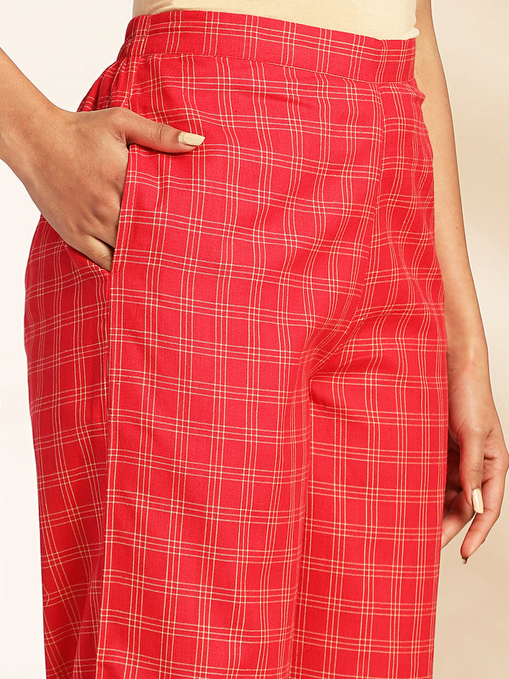 Red Cotton Checked Peplum Co-ord Set  - By Janasya