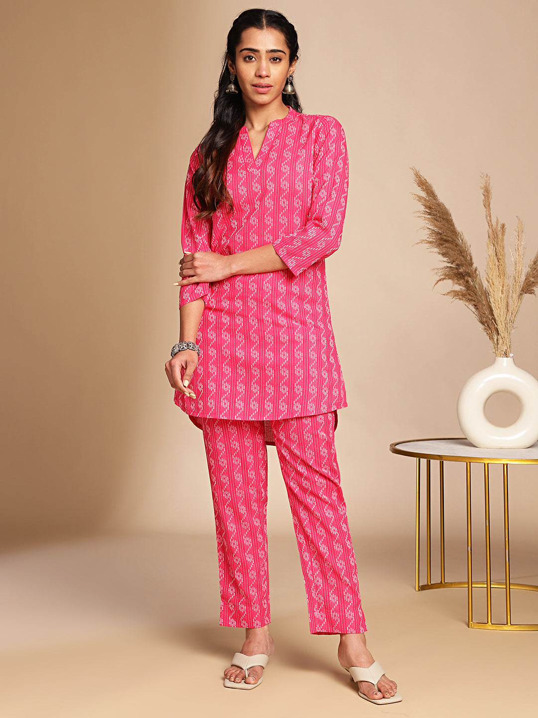 Pink Cotton Woven Design Regular Co-ord Set  - By Janasya