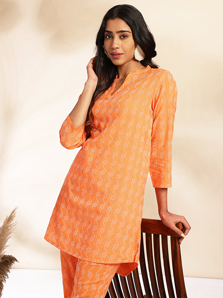 Orange Cotton Woven Design Regular Co-ord Set  - By Janasya