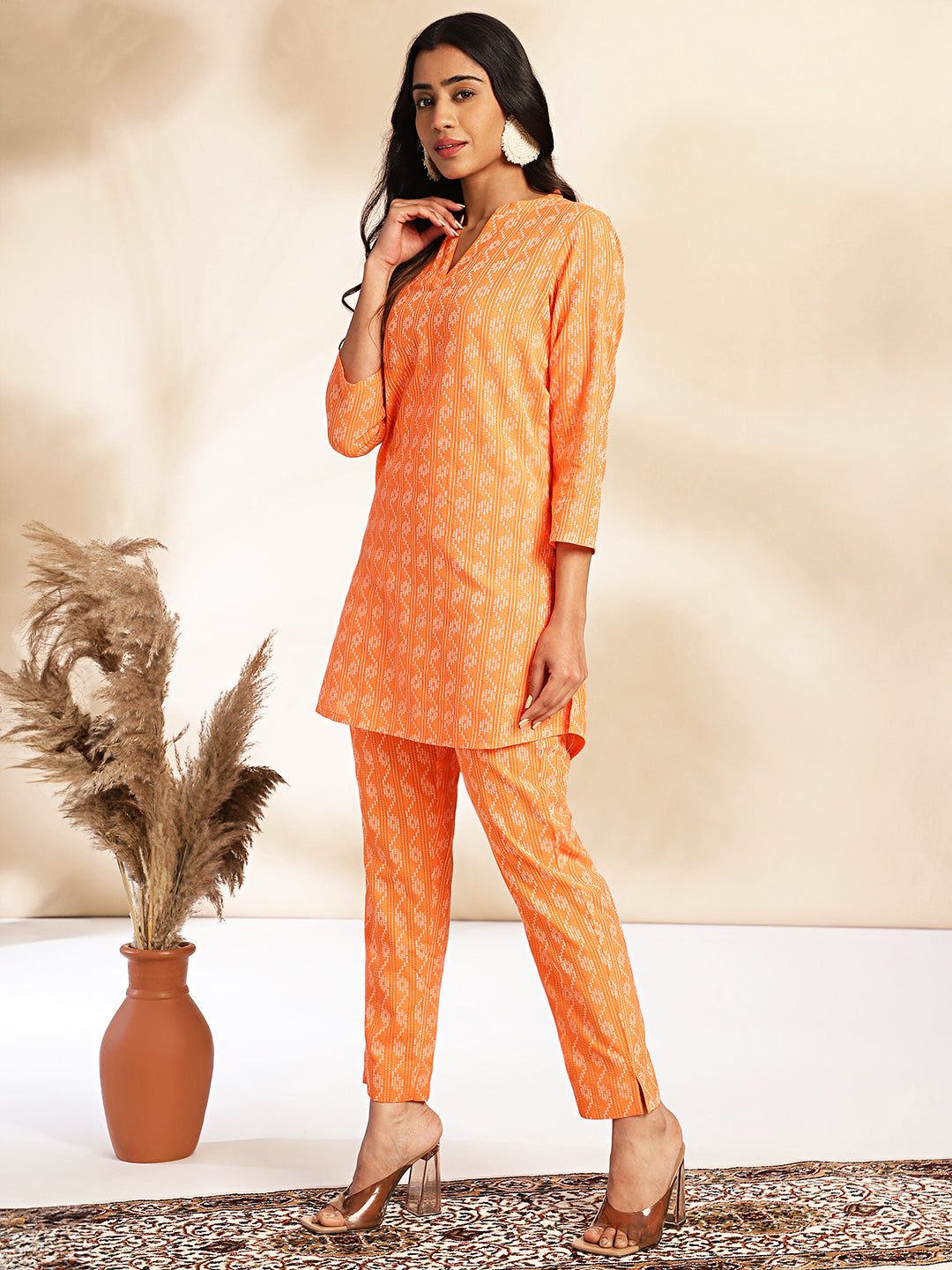 Orange Cotton Woven Design Regular Co-ord Set  - By Janasya