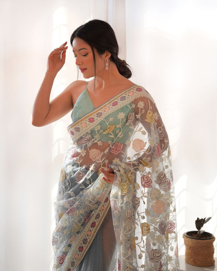 Butterfly Net Malty Color Thread & Aari Embroidery Work Saree In Silver Color