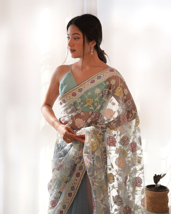 Butterfly Net Malty Color Thread & Aari Embroidery Work Saree In Silver Color