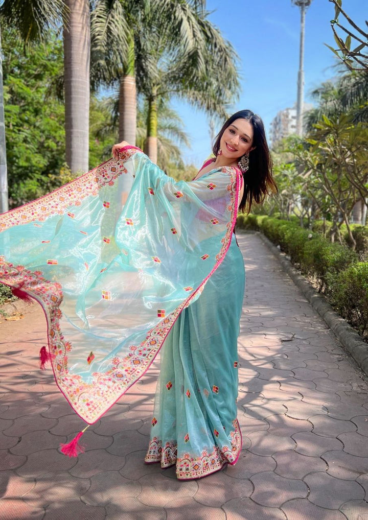 Twill Net Designer Embroidery work Saree in Sky Blue Color - qivii