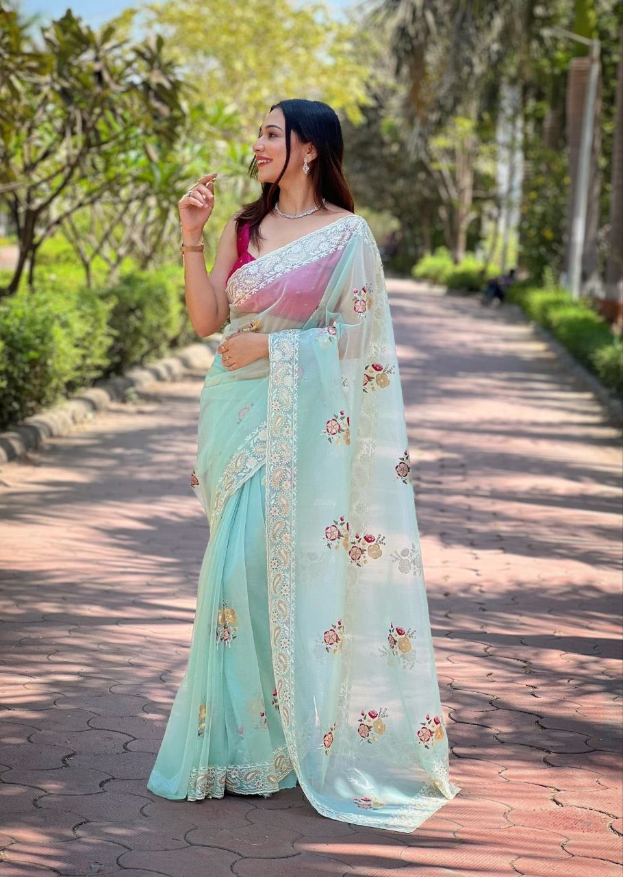 Silver Tissue Silk Designr Floral Embroidery Work Saree In Sky Blue Color - qivii