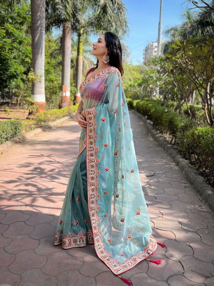 Twill Net Designer Embroidery work Saree in Sky Blue Color - qivii