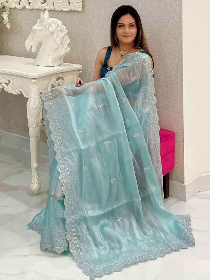 Burburry Silk Beautiful Designer Sequence and Jari Thread Embroidery Work Saree in Sky Blue Color