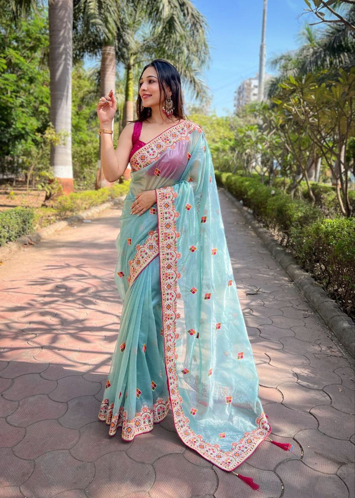 Twill Net Designer Embroidery work Saree in Sky Blue Color - qivii