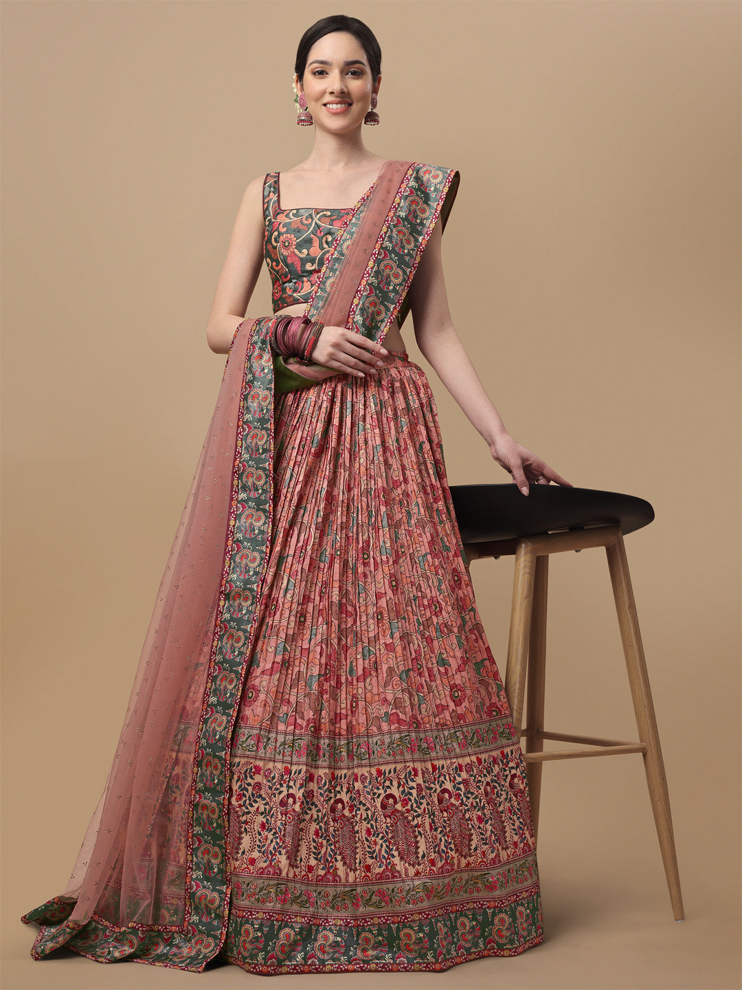 Nature's Symphony: Kalamkari Digital Printed Lehenga - qivii