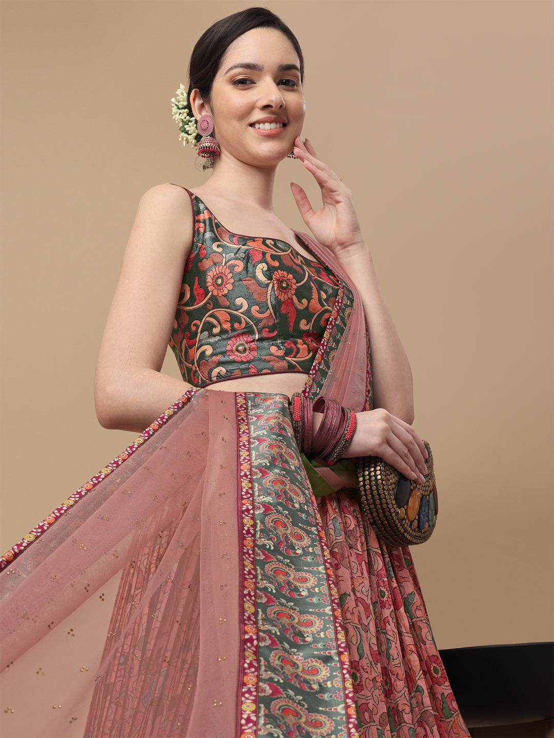 Nature's Symphony: Kalamkari Digital Printed Lehenga - qivii