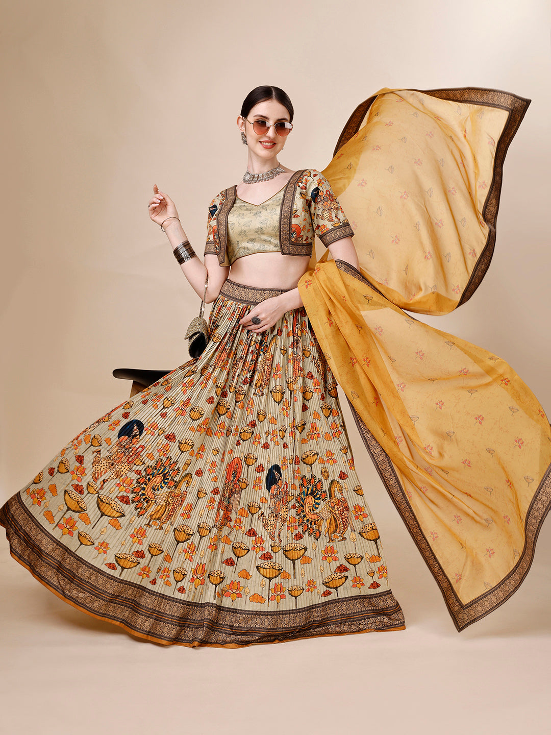 Graceful Kalamkari Printed Lehenga Cholie Set A Fusion of Art and Elegance - qivii