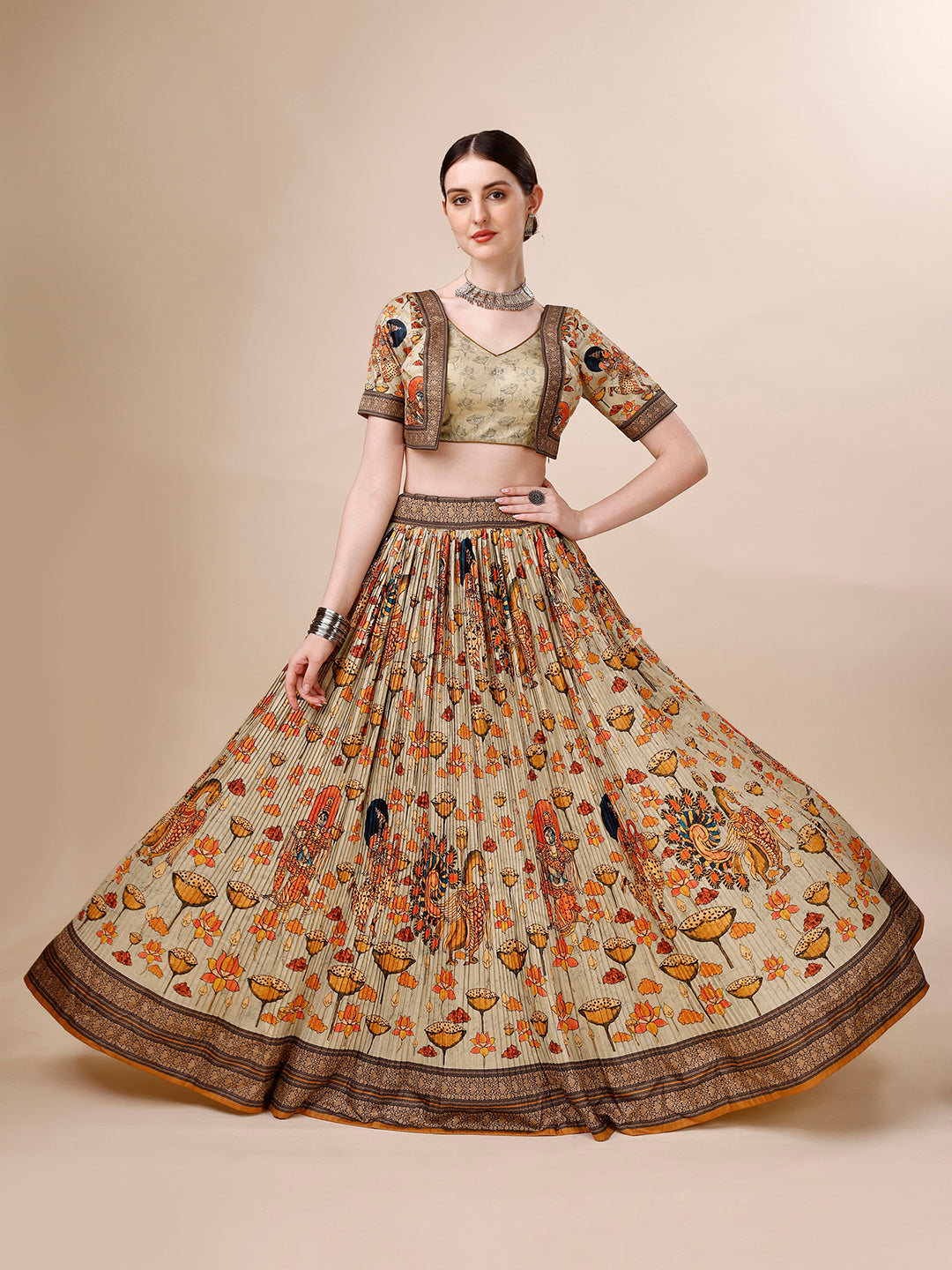 Graceful Kalamkari Printed Lehenga Cholie Set A Fusion of Art and Elegance - qivii