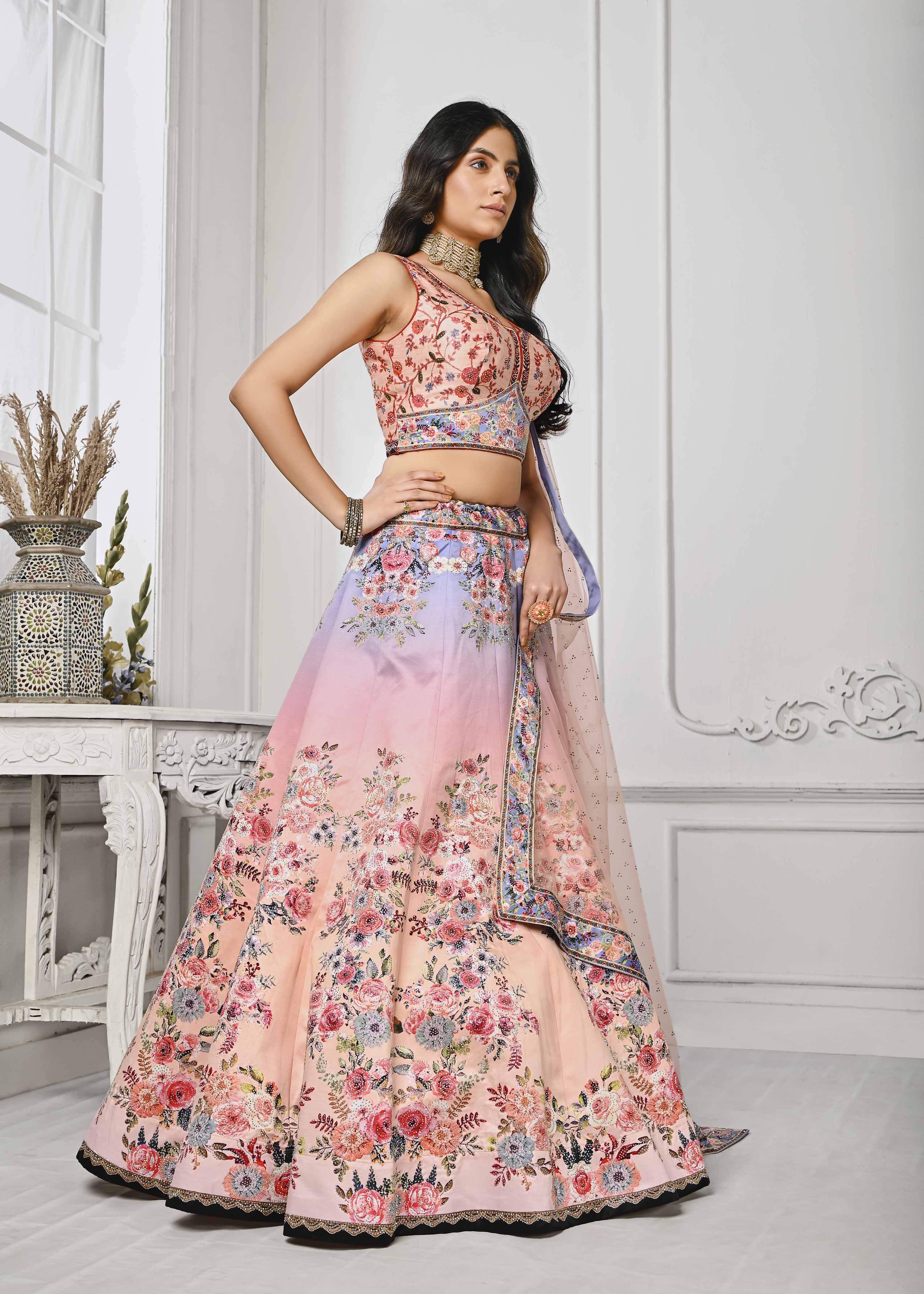 Glimmering Elegance: Swarovski Crystal Infused Digital Print Lehenga - qivii