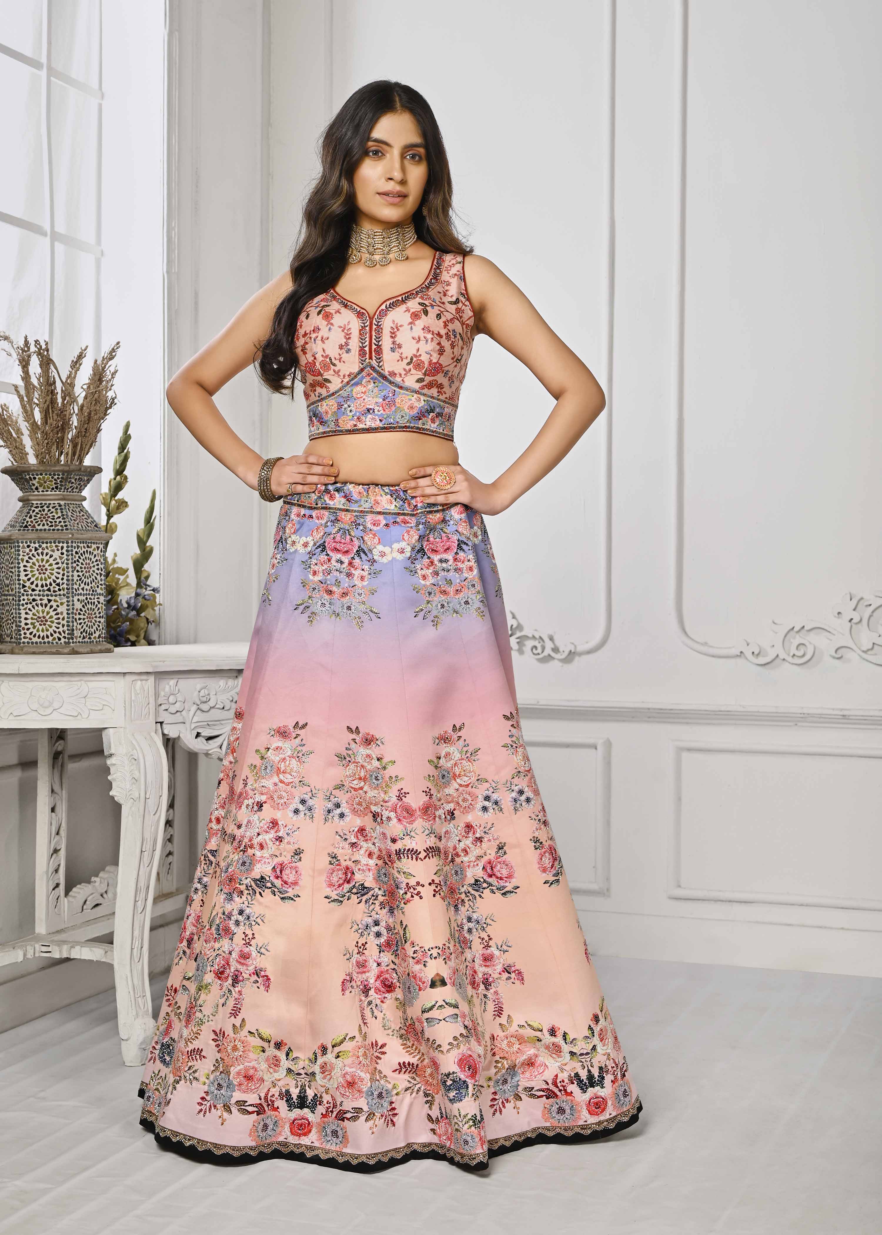 Glimmering Elegance: Swarovski Crystal Infused Digital Print Lehenga - qivii