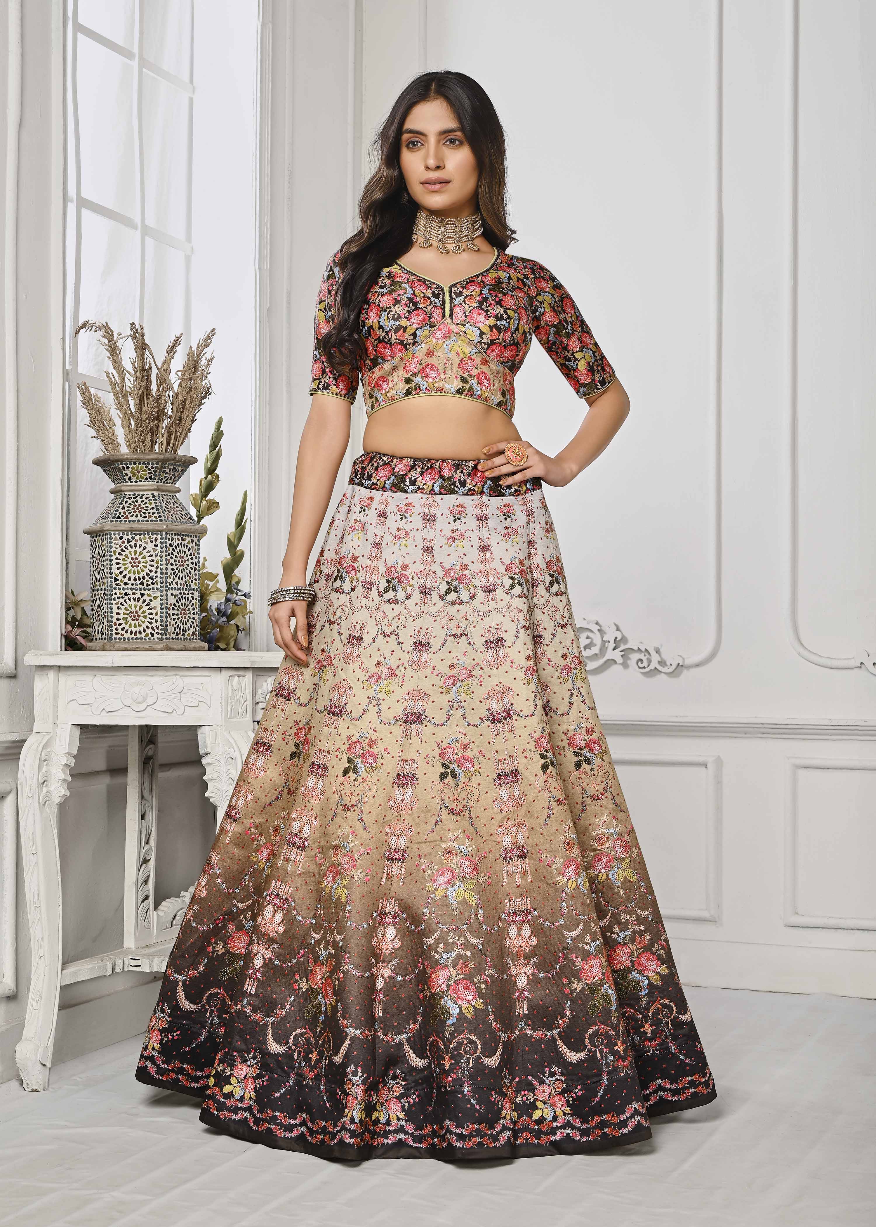 Crystal Elegance: Swarovski-Embellished Digital Print Lehenga - qivii