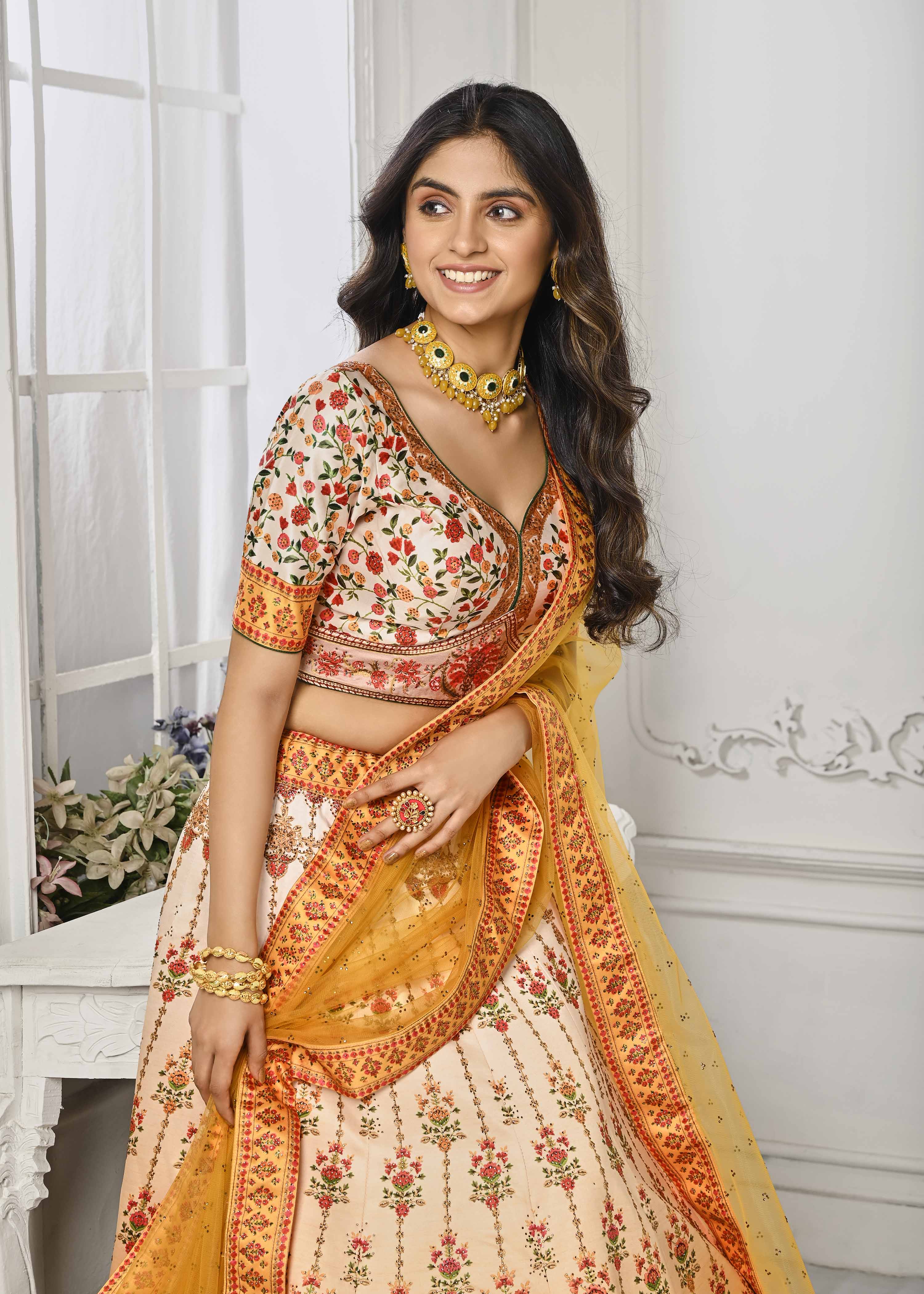 Gleaming Elegance: Swarovski Crystal Adorned Digital Print Lehenga - qivii