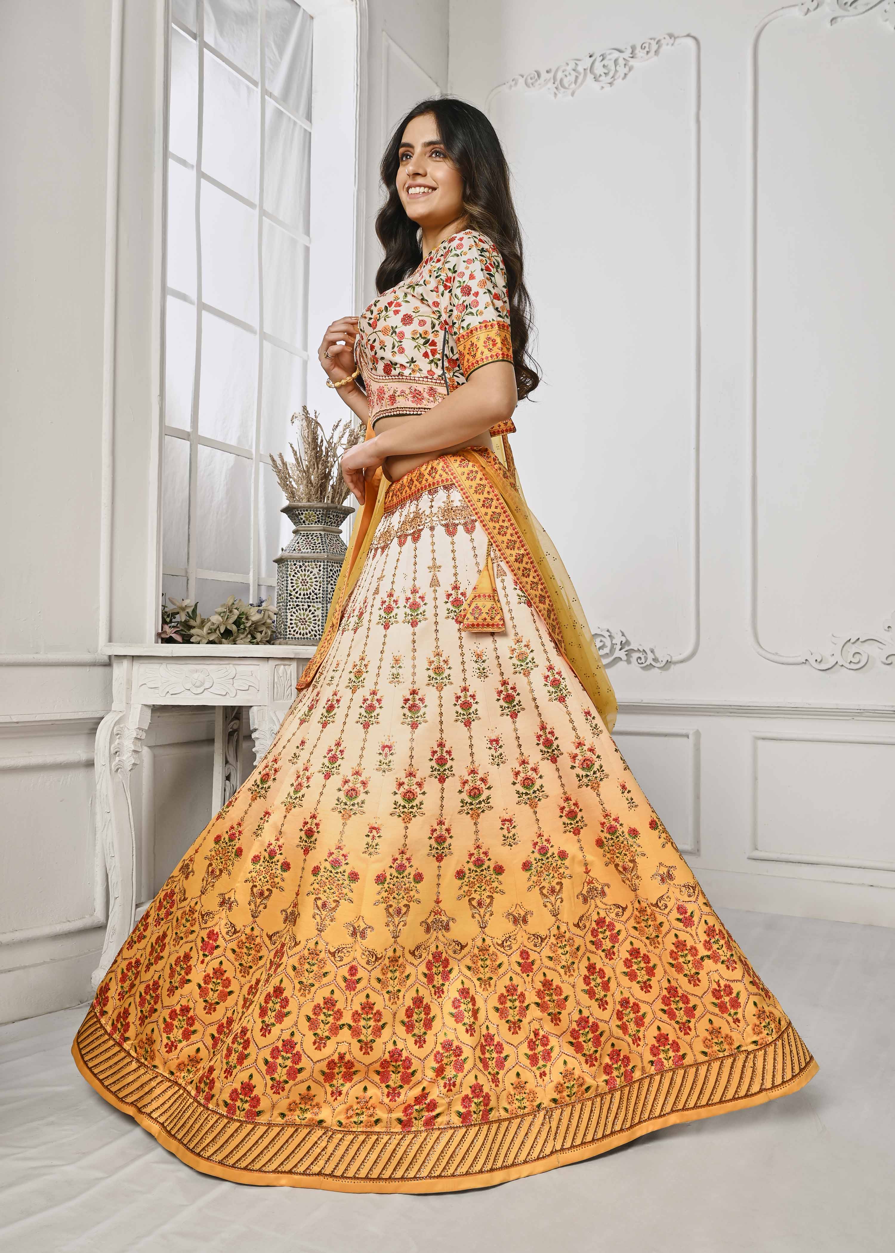 Gleaming Elegance: Swarovski Crystal Adorned Digital Print Lehenga - qivii
