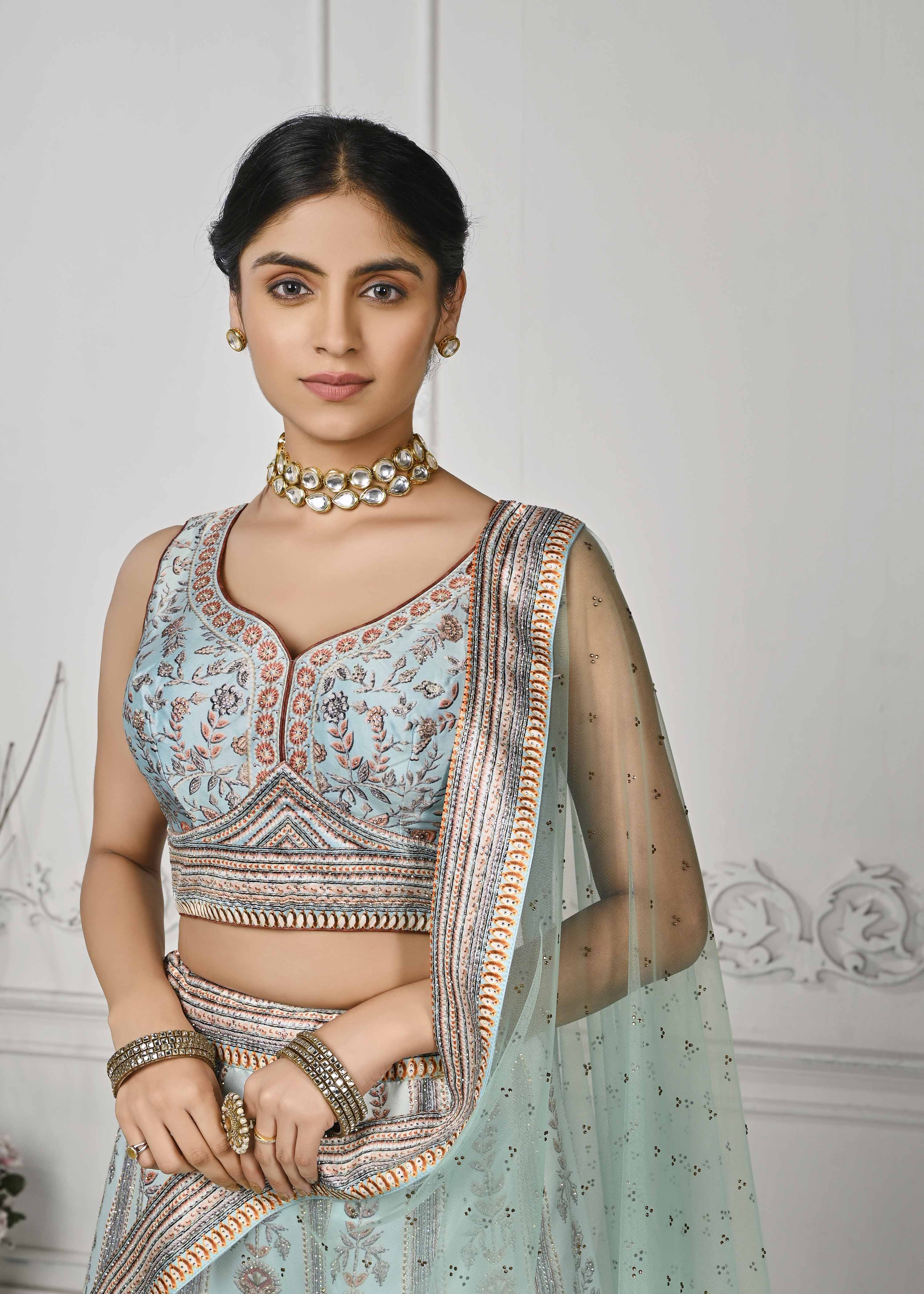 Crystal Cascade: Swarovski Embellished Digital Print Lehenga - qivii