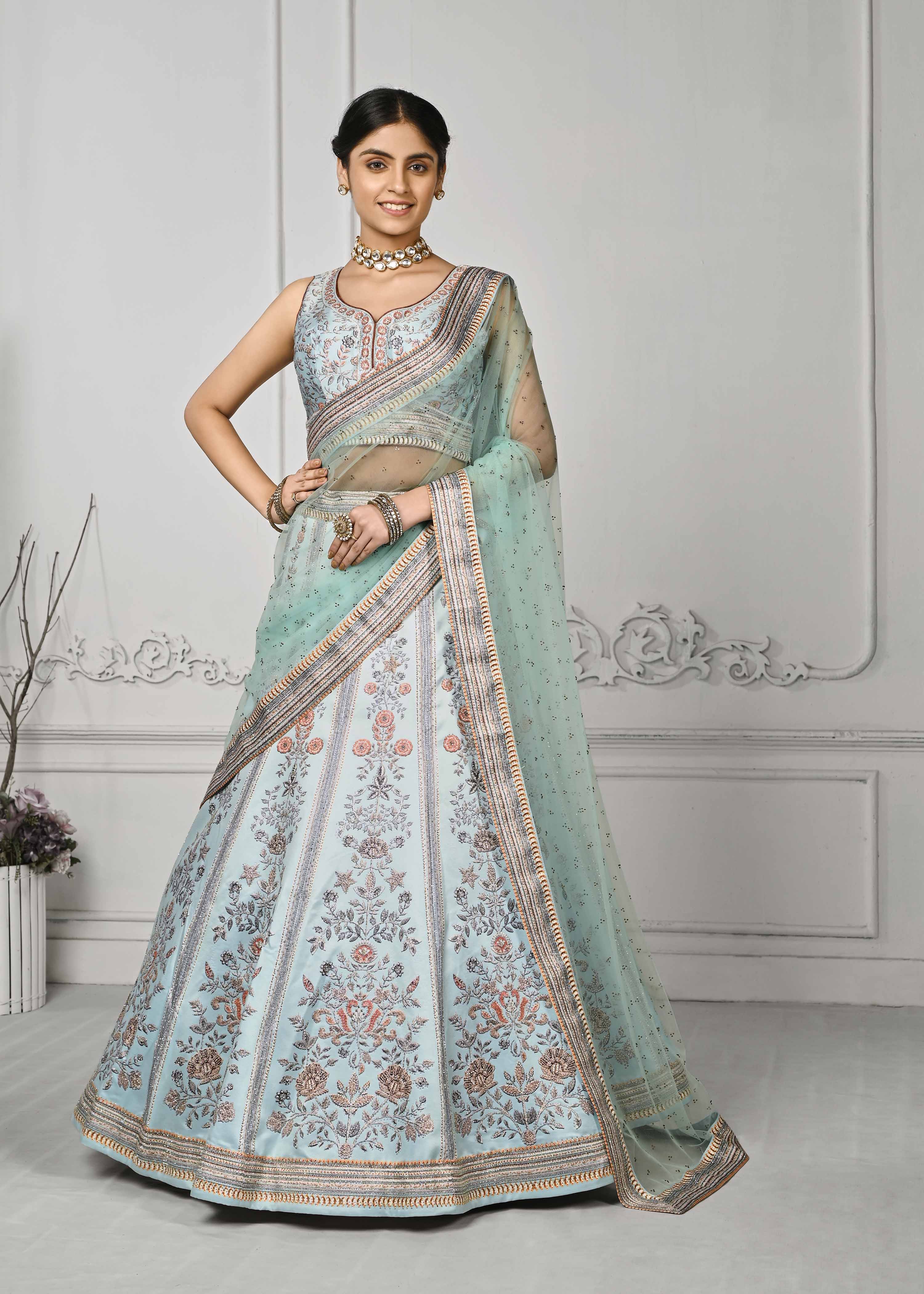 Crystal Cascade: Swarovski Embellished Digital Print Lehenga - qivii