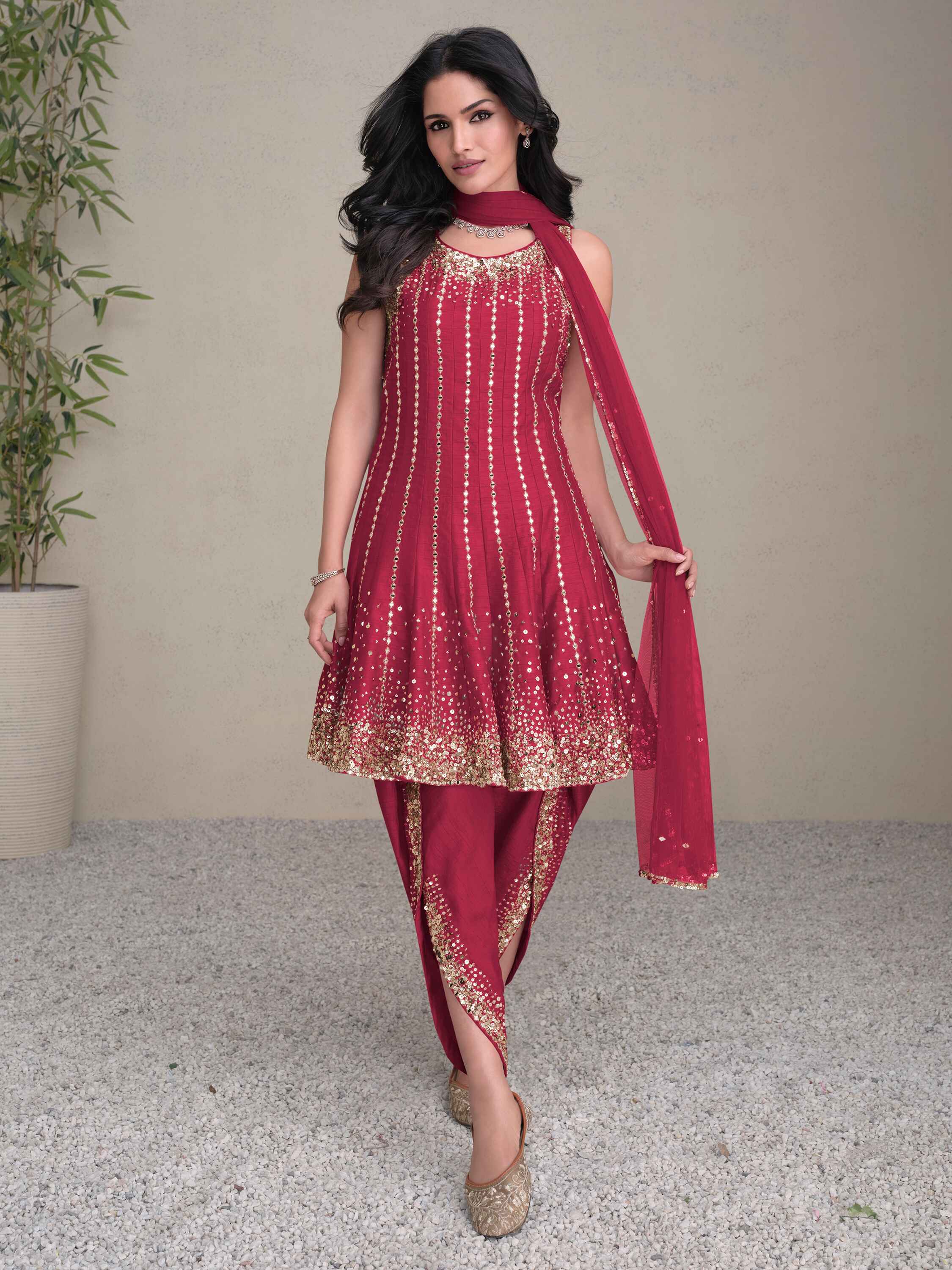 Attractive pink sequins silk designer dhoti suit with dupatta for women