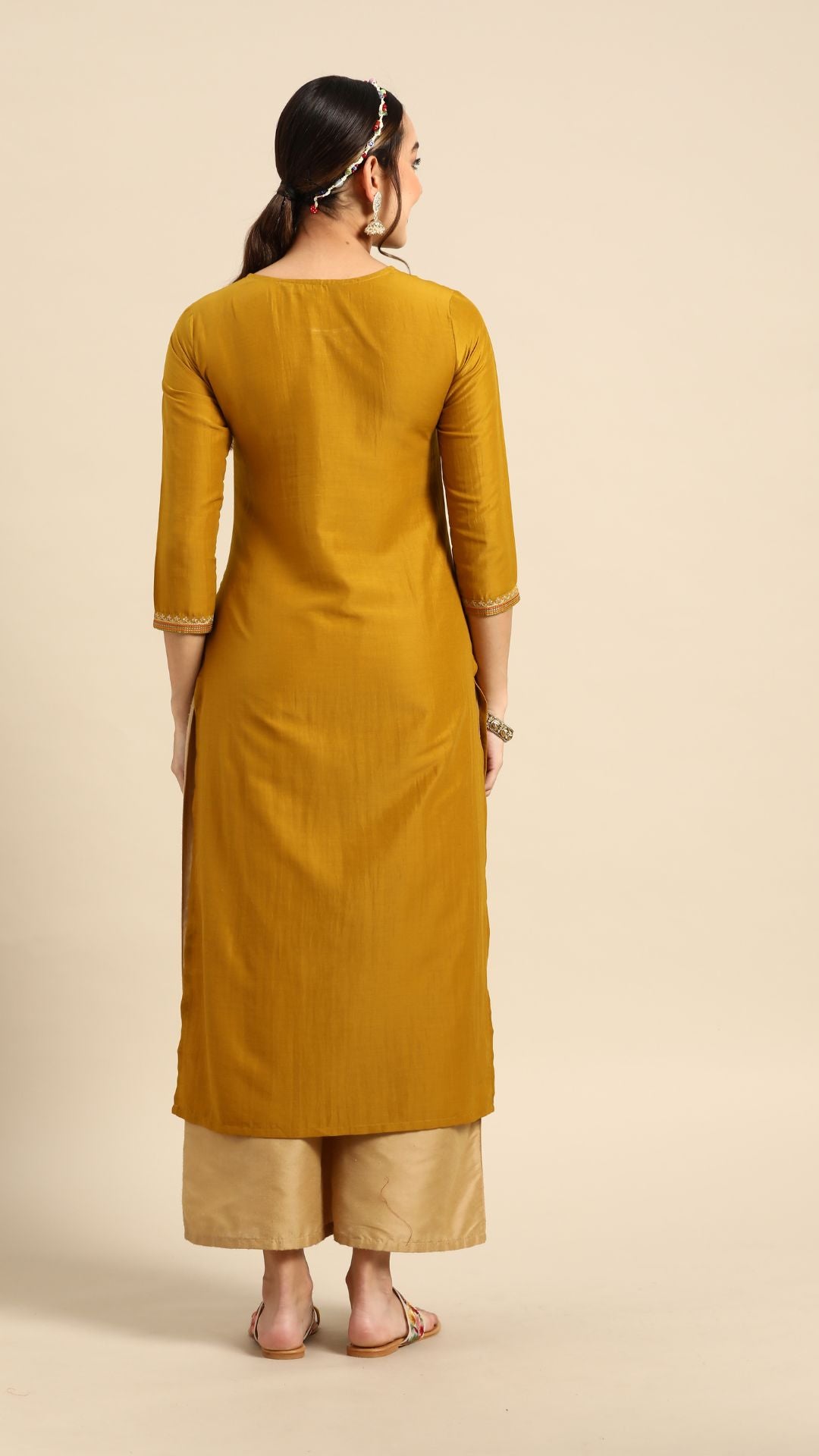 MUSTARD PRINT PATTERN CHINON EMBROIDERED KURTA