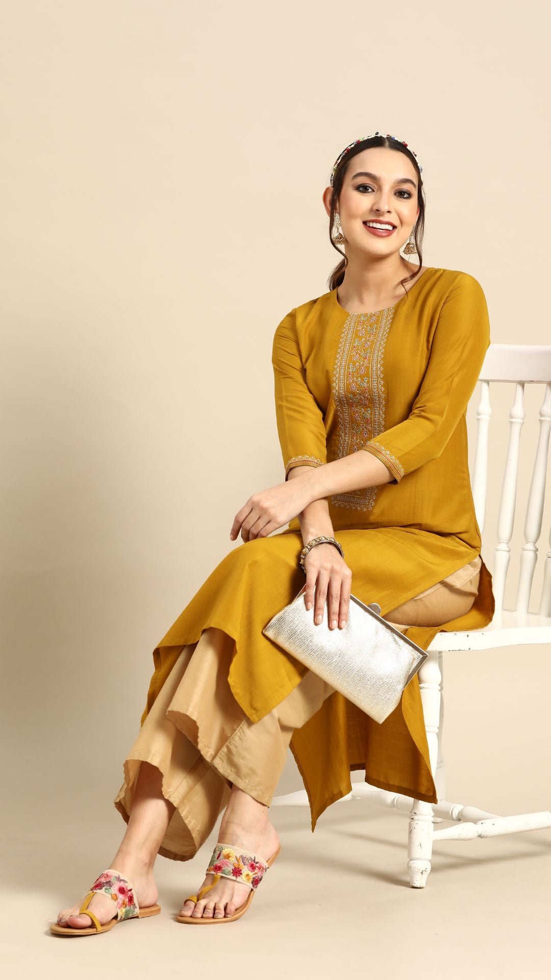 MUSTARD PRINT PATTERN CHINON EMBROIDERED KURTA