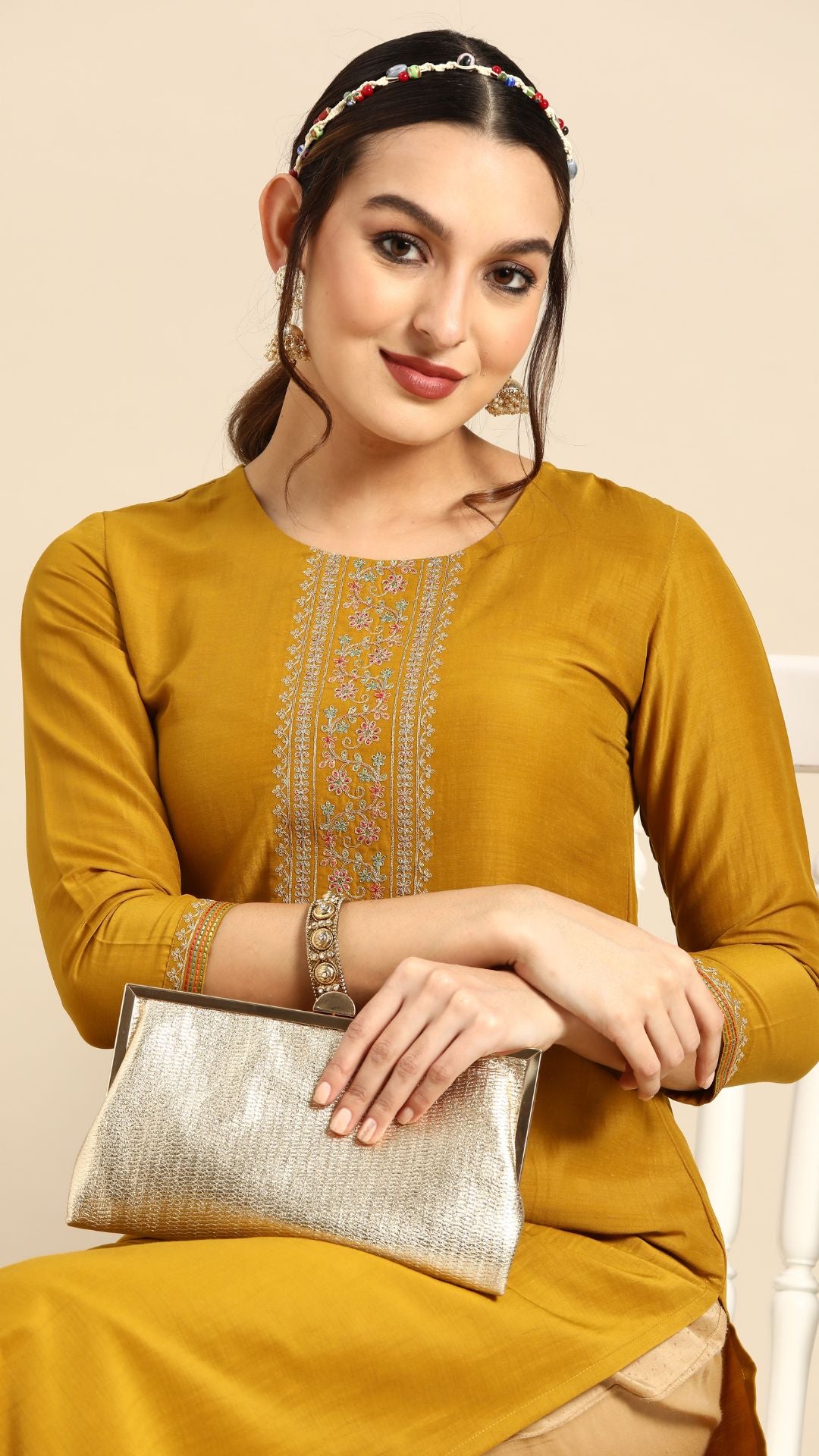 MUSTARD PRINT PATTERN CHINON EMBROIDERED KURTA