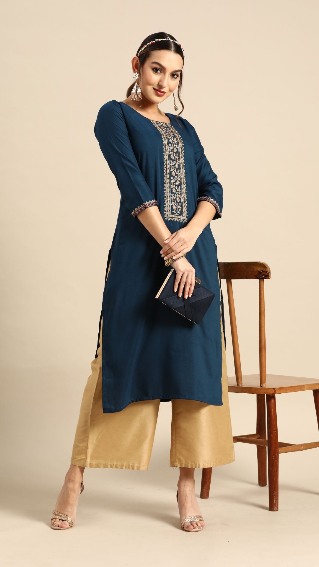 NAVY BLUE PRINT PATTERN CHINON EMBROIDERED KURTA