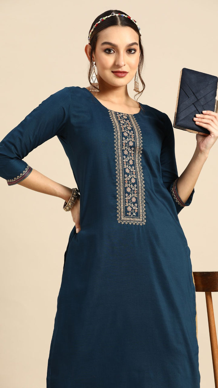 NAVY BLUE PRINT PATTERN CHINON EMBROIDERED KURTA