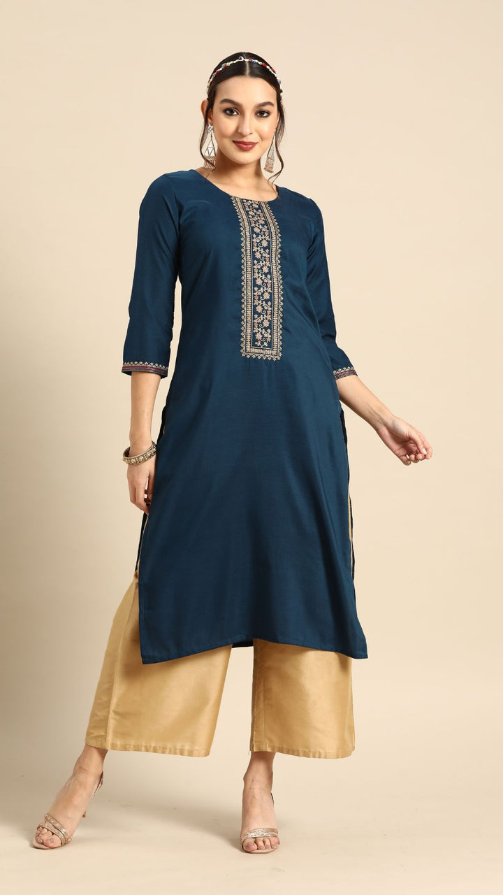 NAVY BLUE PRINT PATTERN CHINON EMBROIDERED KURTA