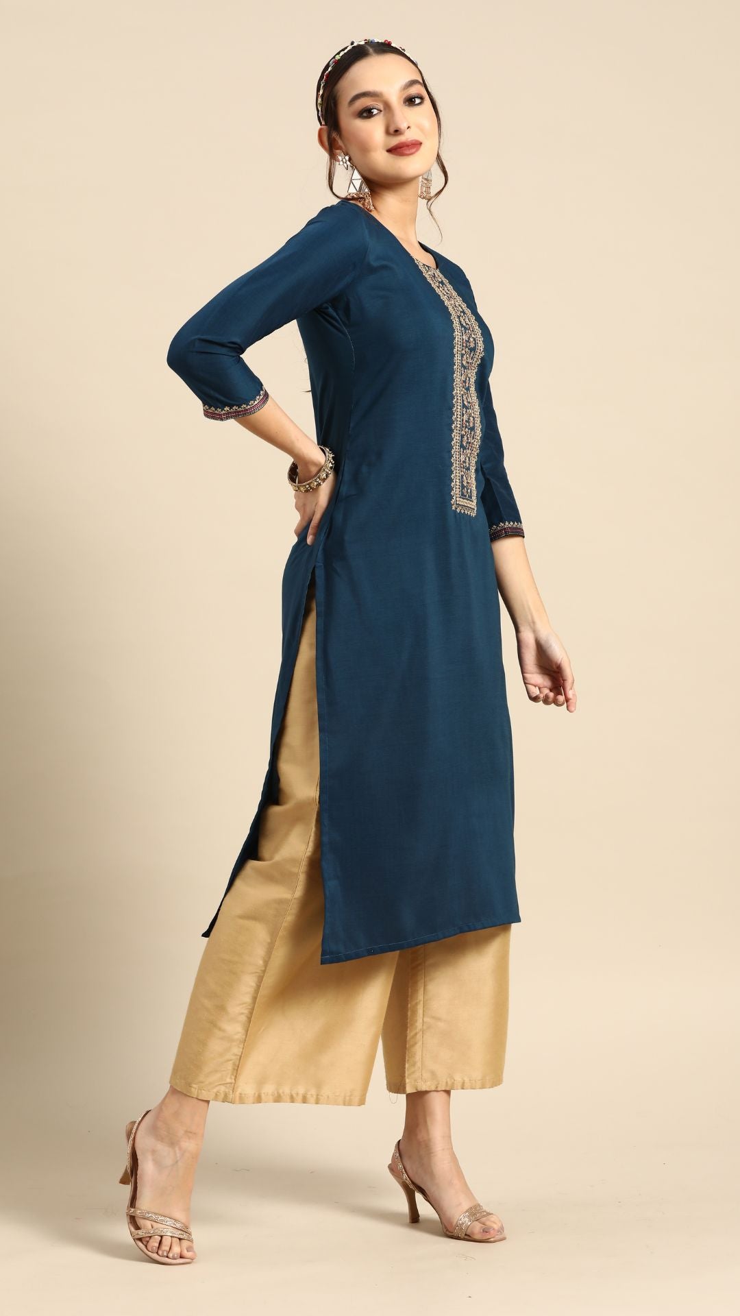 NAVY BLUE PRINT PATTERN CHINON EMBROIDERED KURTA