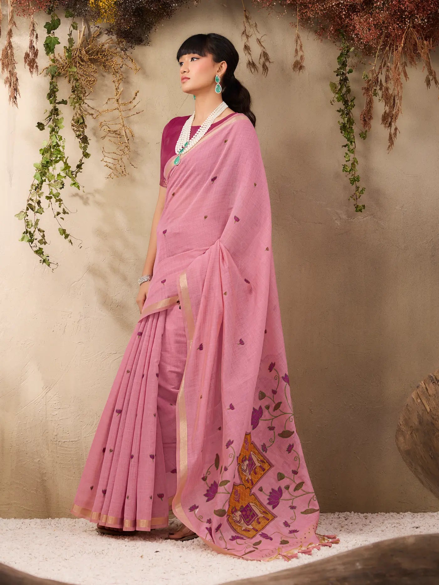 Dusty Pink Cotton Weaving Saree