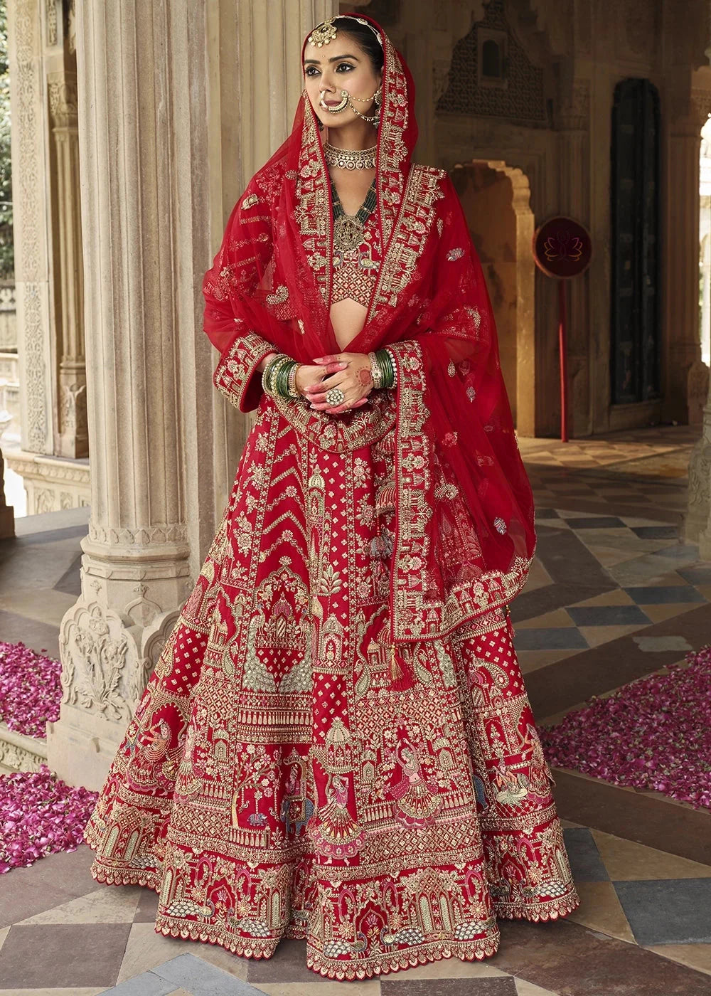 Red- Embroidery, Sequence, Thread Work Bridal Semi Stitched Lehenga