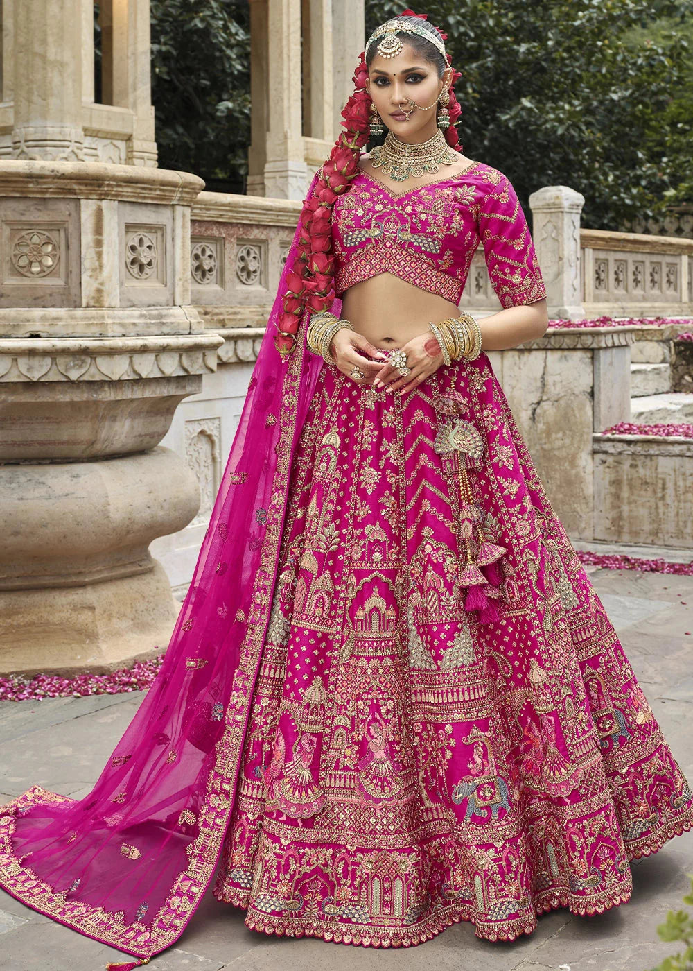 Pink- Embroidery, Sequence, Thread Work Bridal Semi Stitched Lehenga