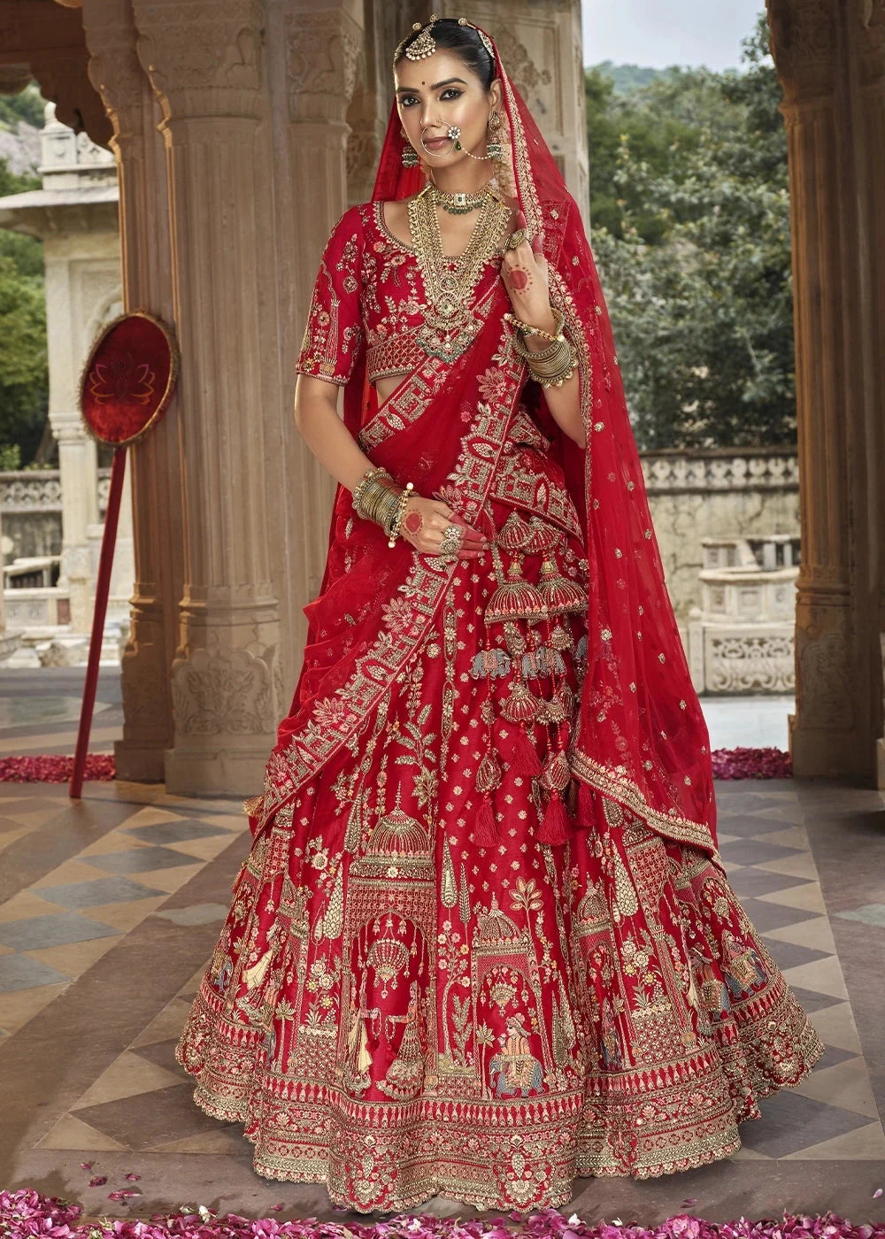 Red- Embroidery, Sequence, Thread Work Bridal Semi Stitched Lehenga