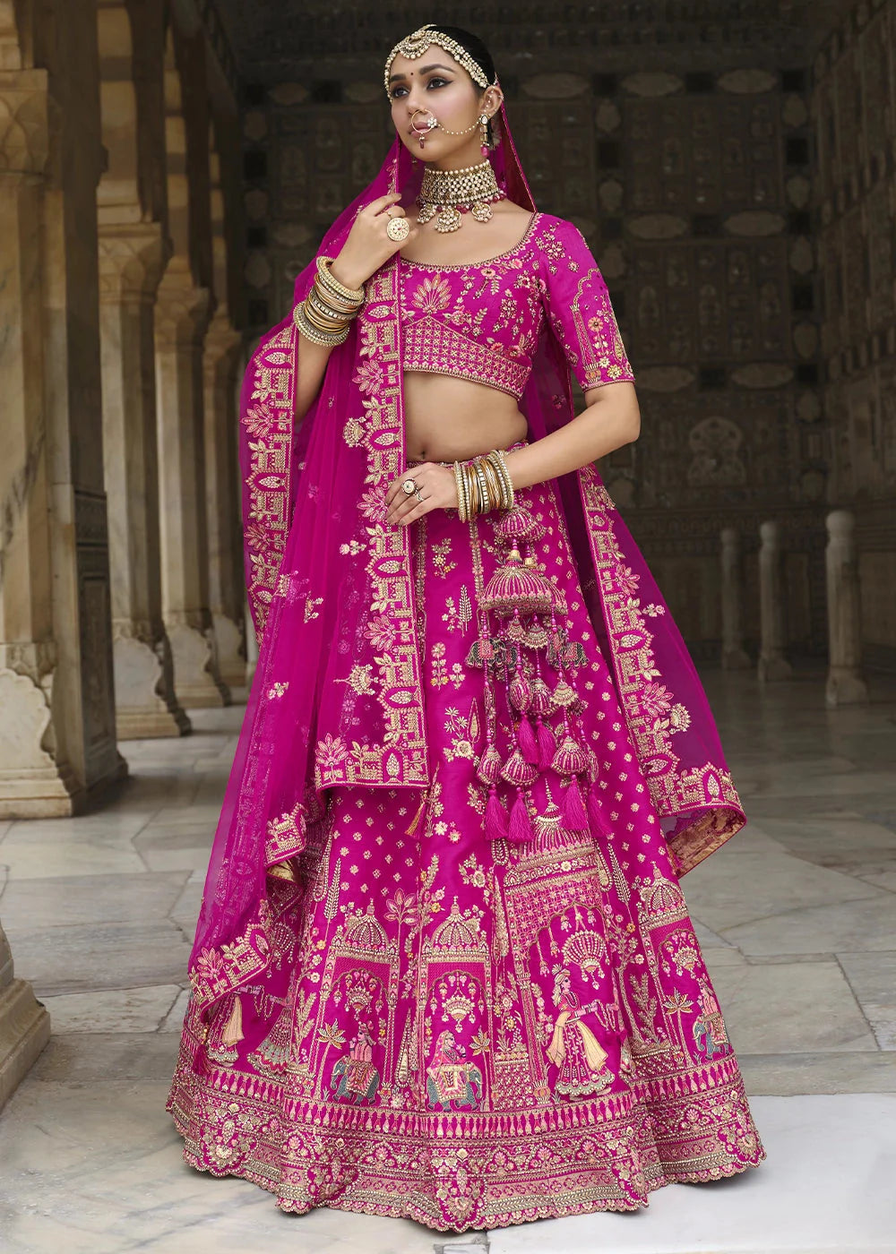 Pink- Embroidery, Sequence, Thread Work Bridal Semi Stitched Lehenga