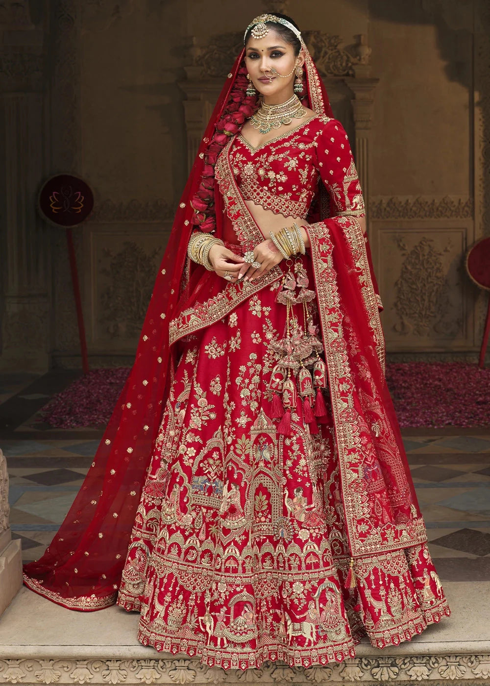 Red- Embroidery, Sequence, Thread Work Bridal Semi Stitched Lehenga