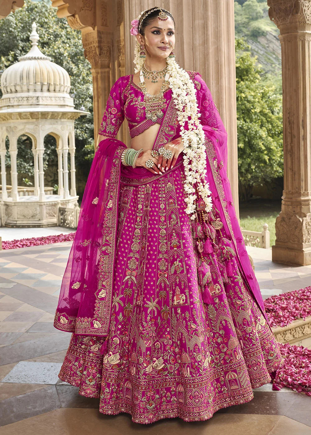 Pink- Embroidery, Sequence, Thread Work Bridal Semi Stitched Lehenga