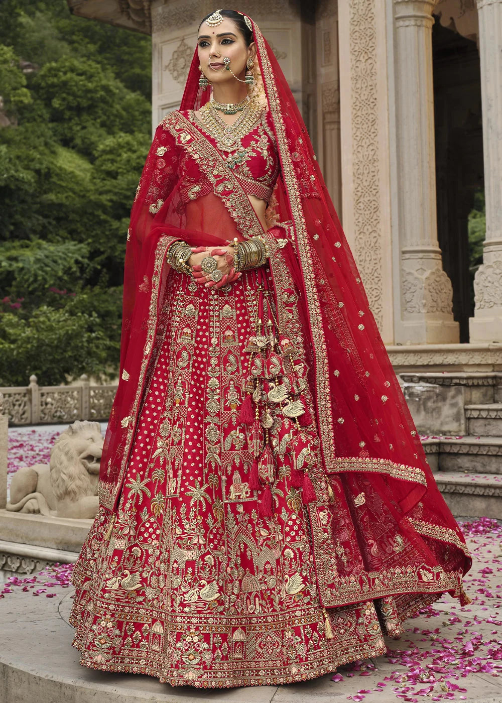 Red- Embroidery, Sequence, Thread Work Bridal Semi Stitched Lehenga