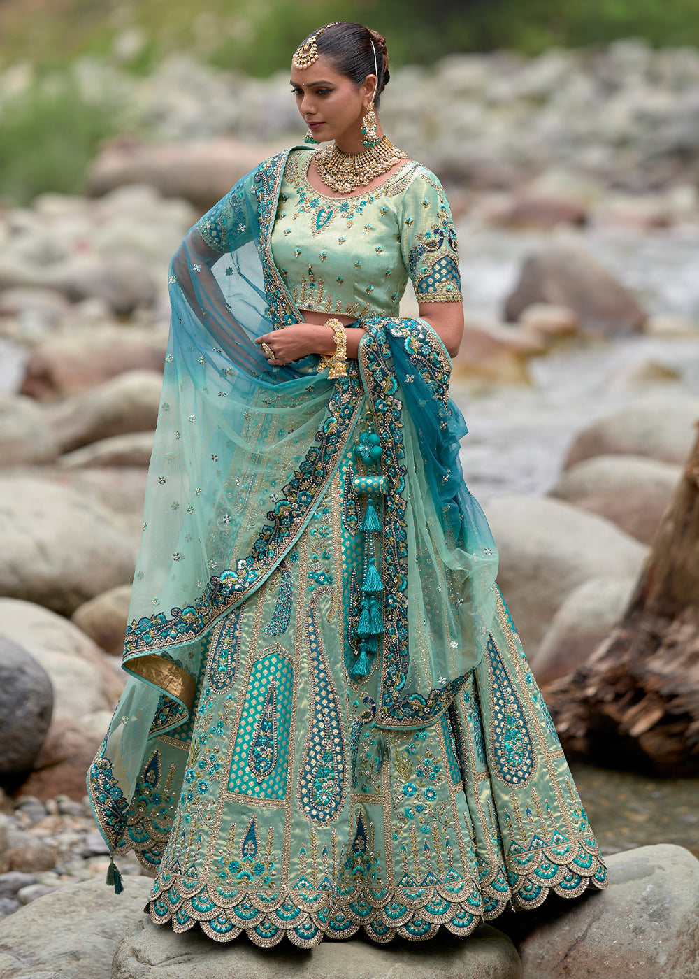 Shades Of Blue Banarasi Silk Lehenga Choli with Embroidery, Zari & Stone Work - qivii