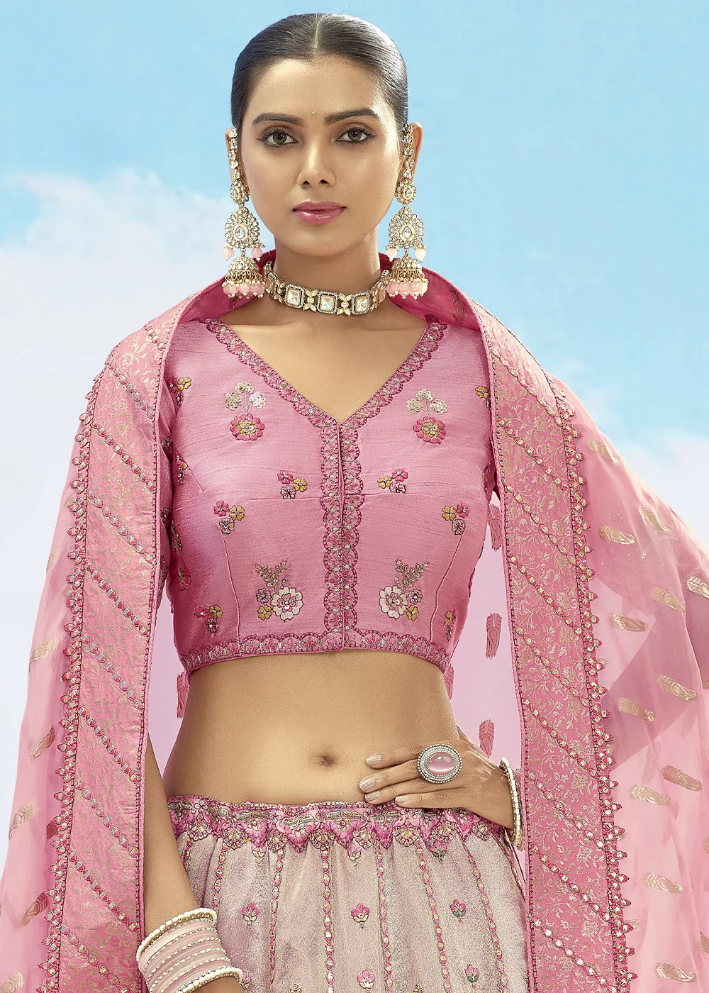 Patch & Cut Work Silk Embroidered Semi Stitched Lehenga Choli & Dupatta - qivii