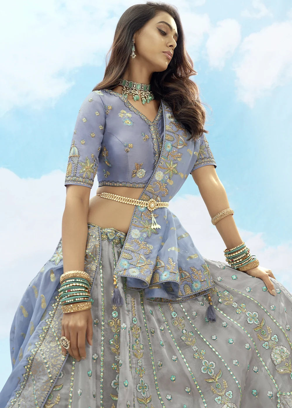 Patch & Cut Work Silk Embroidered Semi Stitched Lehenga Choli & Dupatta - qivii