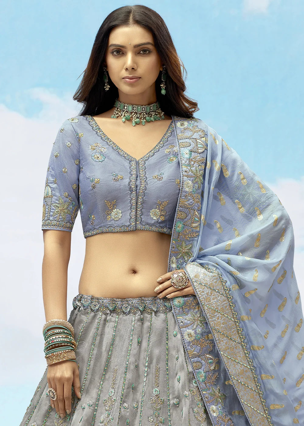 Patch & Cut Work Silk Embroidered Semi Stitched Lehenga Choli & Dupatta - qivii