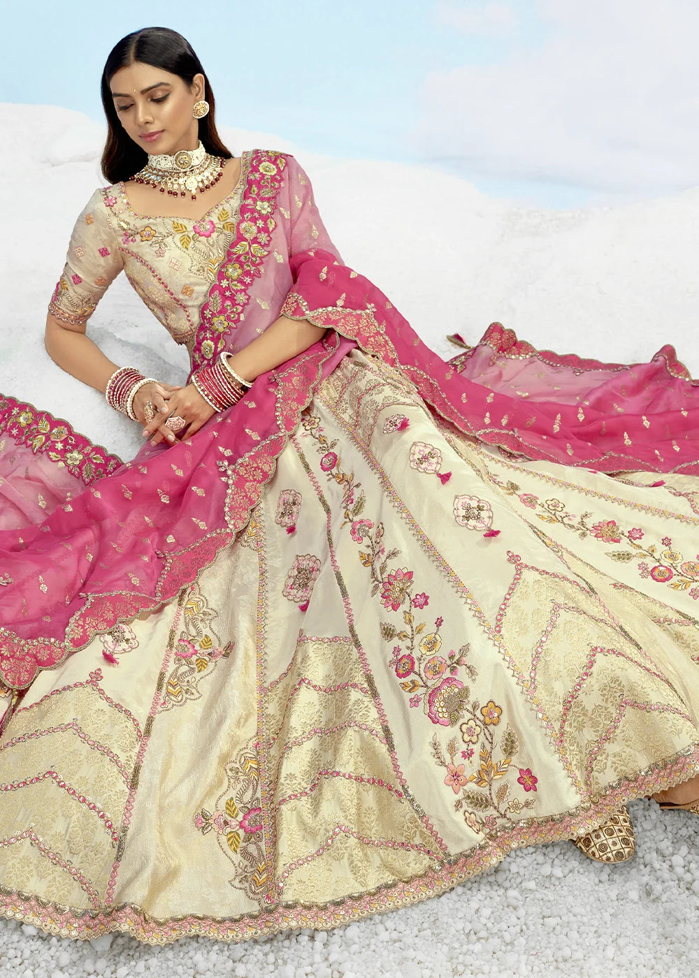 Patch & Cut Work Silk Embroidered Semi Stitched Lehenga Choli & Dupatta - qivii